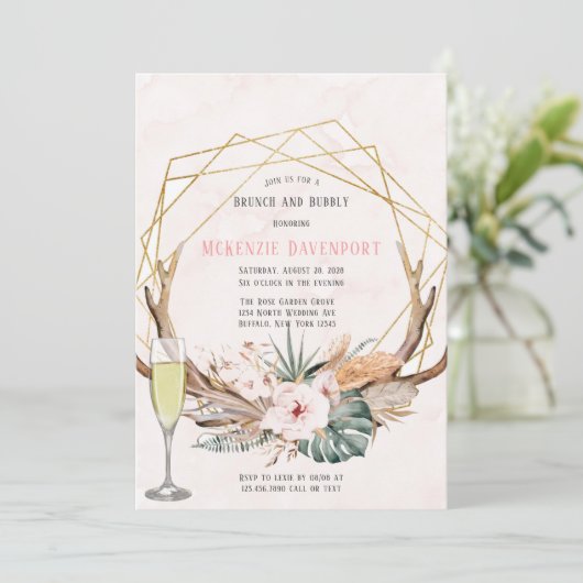 ボホシカ〔雄ジカの〕枝角と花模様ブランチとバブリー 招待状 (スタンド正面)