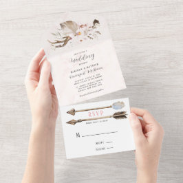 ボホシカ〔雄ジカの〕枝角アロー結婚と羽のAll I オールインワン招待状