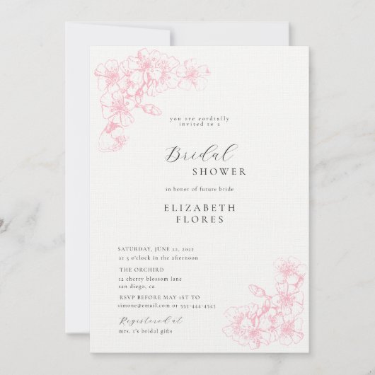 ボホシックさくらんぼブロッサムピンクフローラブライダルシャワー 招待状 (正面)
