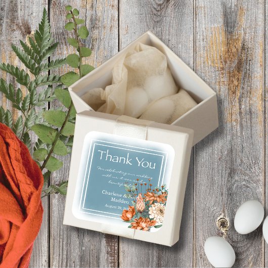 ボホシックなオレンジとクリームフラワースモークブルーウォッシュ スクエアシール