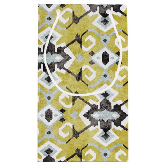 ボホシックなダークグレーと黄色のイカットの部族柄 スモールペーパーバッグ (裏面)