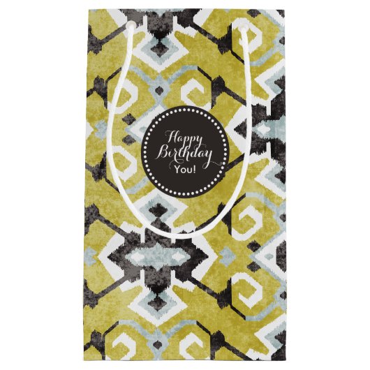 ボホシックなダークグレーと黄色のイカットの部族柄 スモールペーパーバッグ (正面)