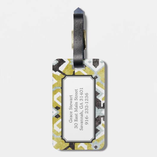 ボホシックな黒と黄色のイカットの部族柄 ラゲッジタグ (裏面縦)