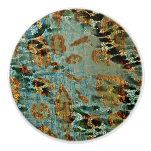 ボホシックアニマルプリントブルーと金ゴールドパターン セラミックノブ (正面)