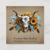 ボホシックウォーターカラーサンフラワーフェザー牛スカル スクエア名刺 (正面)