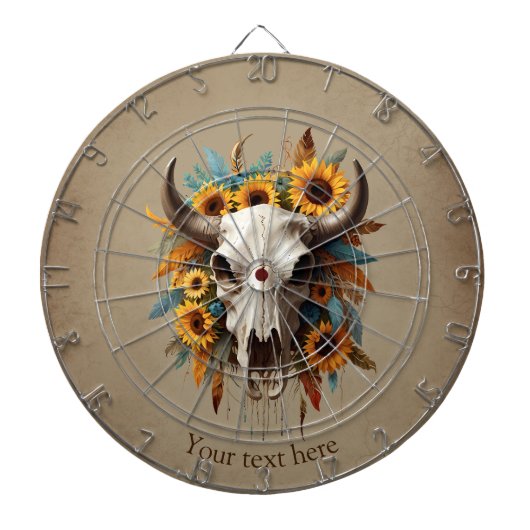 ボホシックウォーターカラーサンフラワーフェザー牛スカル ダーツボード (正面)