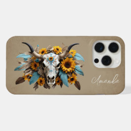 ボホシックウォーターカラーサンフラワーフェザー牛スカル iPhone 15 PRO MAXケース