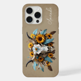 ボホシックウォーターカラーサンフラワーフェザー牛スカル iPhone 15 PRO MAXケース