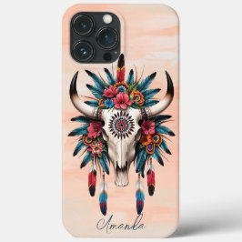 ボホシックウォーターカラートライバルフローラ牛スカル iPhone 13 PRO MAXケース