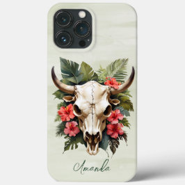 ボホシックウォーターカラートロピカルフローラ牛スカル iPhone 13 PRO MAXケース