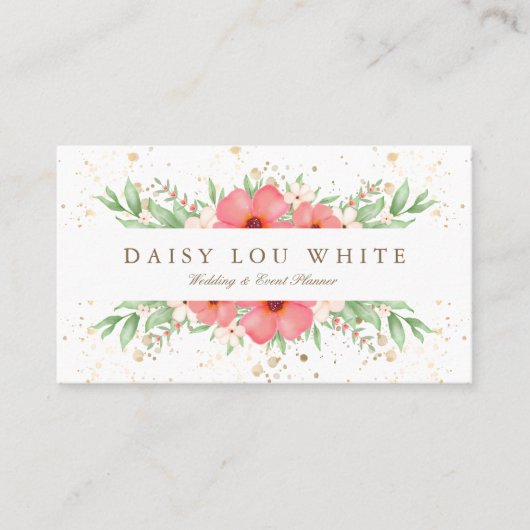 ボホシックウォーターカラーピンク&アイボリーグリーンリーフローラ 名刺 (正面)