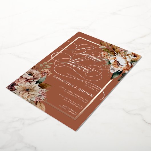 ボホシックウォーターカラーフラワーズ秋ブライダルシャワー 箔招待状 (回転した状態)