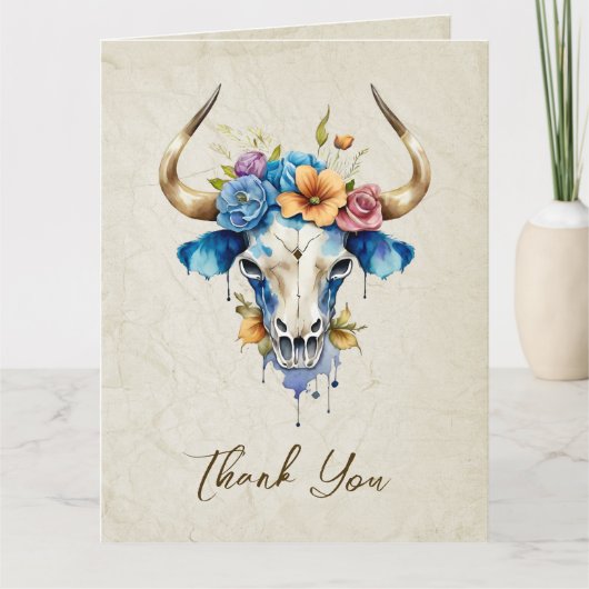 ボホシックウォーターカラーフローラカウースカル結婚ズ サンキューカード (正面)