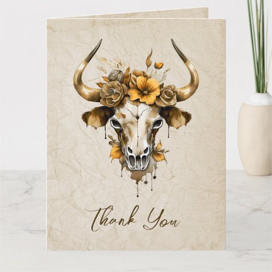ボホシックウォーターカラーフローラカウースカル結婚ズ サンキューカード (正面)
