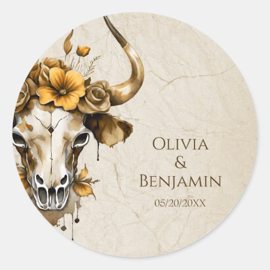ボホシックウォーターカラーフローラカウースカル結婚ズ ラウンドシール (正面)