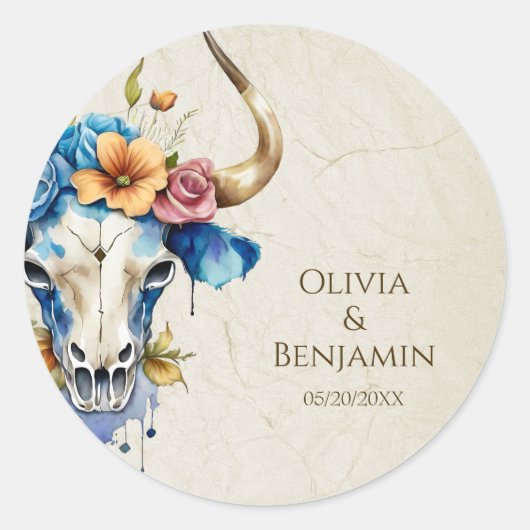 ボホシックウォーターカラーフローラカウースカル結婚ズ ラウンドシール (正面)