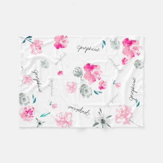 ボホシックウォーターカラーフローラ繰り返し名前ベビー フリースブランケット (正面(横))
