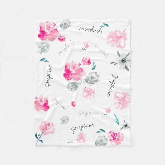 ボホシックウォーターカラーフローラ繰り返し名前ベビー フリースブランケット (正面)