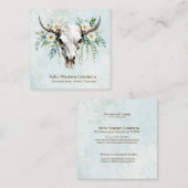 ボホシックウォーターカラーホワイトフローラ牛スカル スクエア名刺 (正面/裏面)