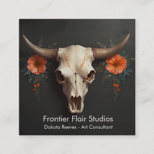 ボホシックウォーターカラーミニマリストフローラ牛スカル スクエア名刺 (正面)