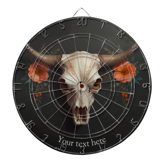 ボホシックウォーターカラーミニマリストフローラ牛スカル ダーツボード (正面)