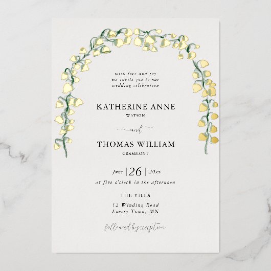 ボホシックウォーターカラーリリー結婚バレーのアーチ金ゴールド 箔招待状 (正面)