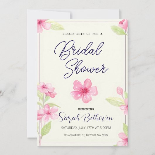 ボホシックウォーターカラーワイルドフラワーブライダルシャワー 招待状 (正面)