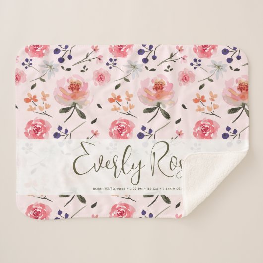 ボホシックウォーターカラー花模様パーソナライズされた統計 シェルパブランケット (正面(横))