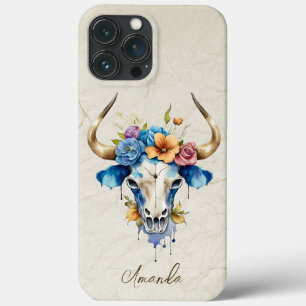 ボホシックウォーター色フローラ牛スカル iPhone 13 PRO MAXケース