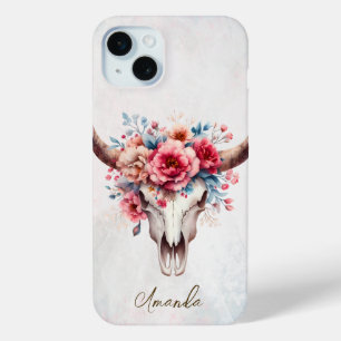 ボホシックウォーター色フローラ牛スカル iPhone 15 MINIケース