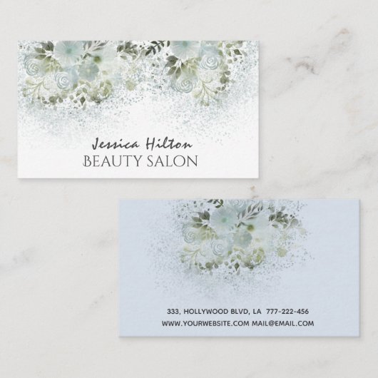 ボホシックエレガントな埃っぽい青い水色フローラ 名刺 (正面/裏面)