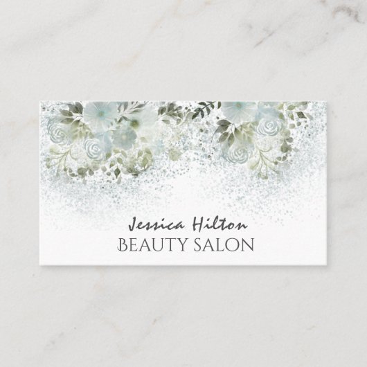 ボホシックエレガントな埃っぽい青い水色フローラ 名刺 (正面)