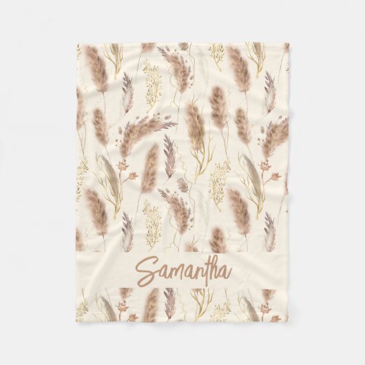 ボホシックエレガントパンパスグラスパターンベージュクリーム フリースブランケット (正面)