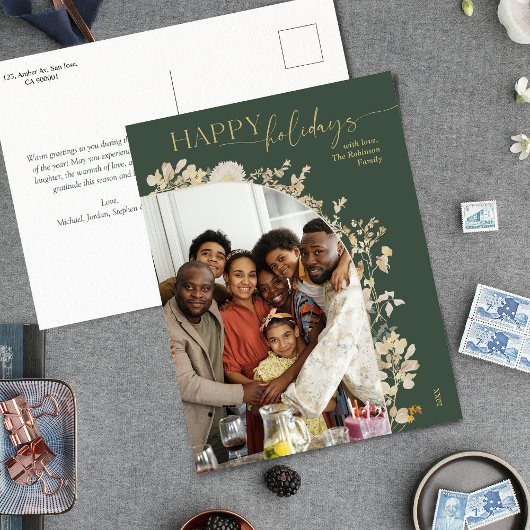 ボホシックグリーン金ゴールドボタニカルフォトホリデー ポストカード