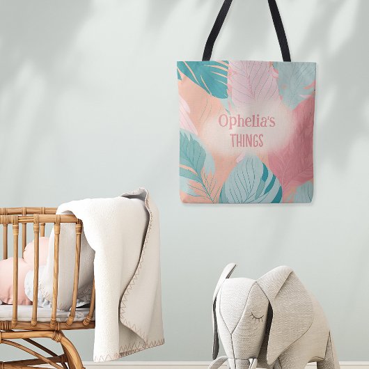 ボホシックコーラルピンクターコイズ葉ズネームベビー トートバッグ