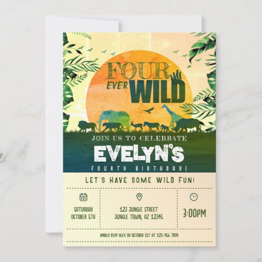 ボホシックサファリアニマルズフォーエバーワイルド誕生日 招待状 (正面)
