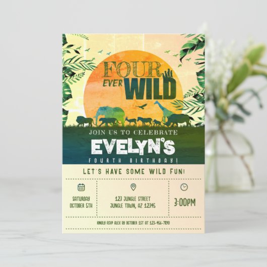 ボホシックサファリアニマルズフォーエバーワイルド誕生日 招待状 (スタンド正面)
