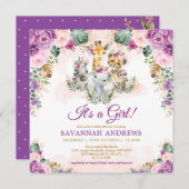 ボホシックサファリジャングル動物ガールベビーシャワー 招待状 (正面/裏面)