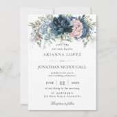 ボホシックダスティブルーピンクネイビーフローラセージ結婚ズ 招待状 (正面)