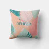 ボホシックティール(緑がかった色)コーラルピンク葉ベビー名 クッション (裏面)