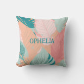 ボホシックティール(緑がかった色)コーラルピンク葉ベビー名 クッション (正面)