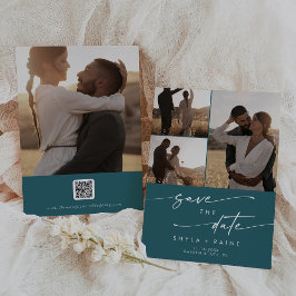 ボホシックティール（緑がかった色）ブルー数々のフォトQRコード セーブザデート