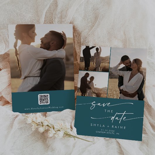 ボホシックティール（緑がかった色）ブルー数々のフォトQRコード セーブザデート