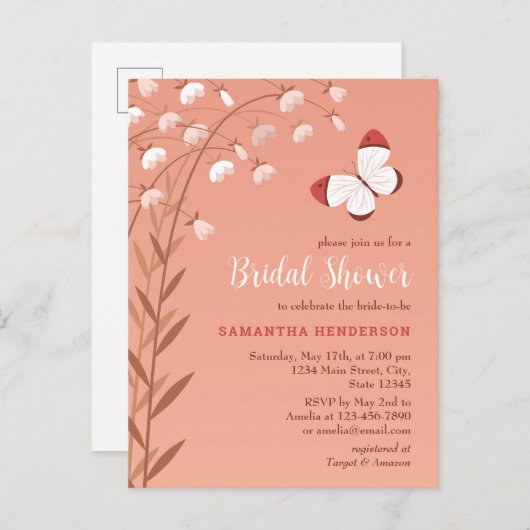 ボホシックバタフライフローラエレガントブライダルシャワー インビテーションポストカード (正面/裏面)