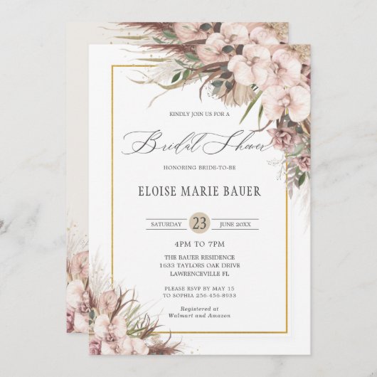 ボホシックパンパスグラスオーキッドフローラブライダルシャワー 招待状 (正面/裏面)