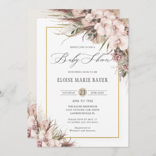 ボホシックパンパスグラスオーキッドフローラベビーシャワー 招待状 (正面/裏面)