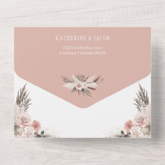 ボホシックパンパスグラスピンクセージフローラ結婚ズ オールインワン招待状 (裏面)