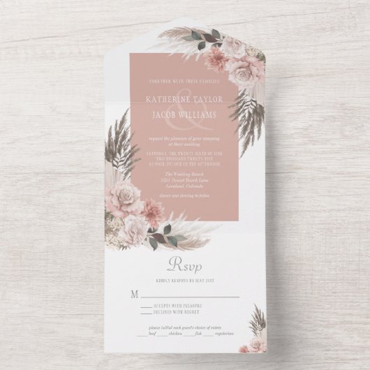 ボホシックパンパスグラスピンクセージフローラ結婚ズ オールインワン招待状 (内側)