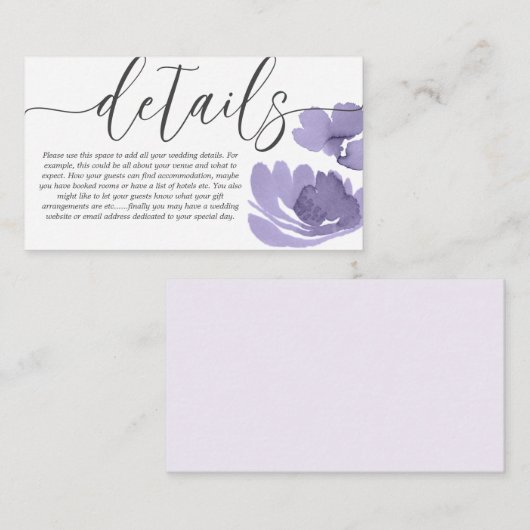 ボホシックパープルフローラ水の色結婚の詳細 エンクロージャーカード (正面/裏面)
