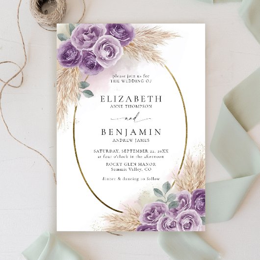 ボホシックパープル素朴オーバル金ゴールドエレガントな結婚式 招待状